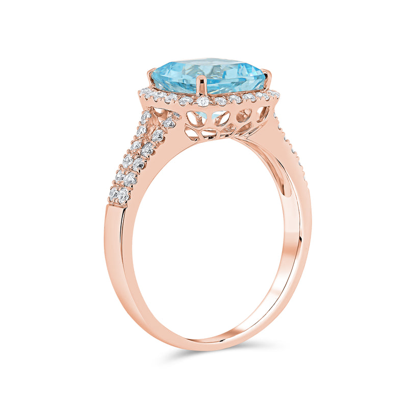 Aquamarine Cushion Cut Centre & Diamond Halo Ring