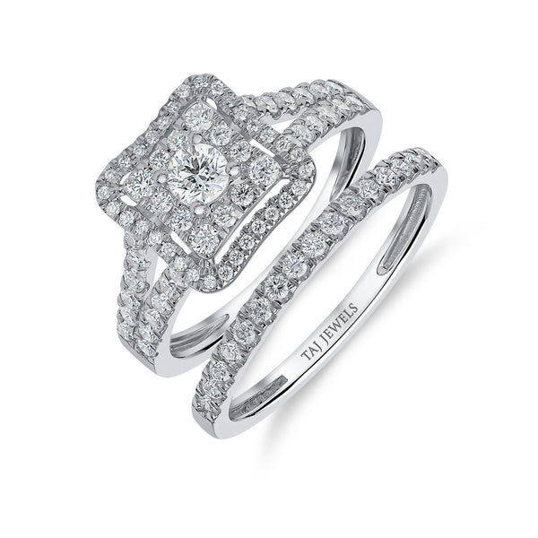 Round Brilliant Centre Double Halo Diamond Ring & Matching Wedding Band