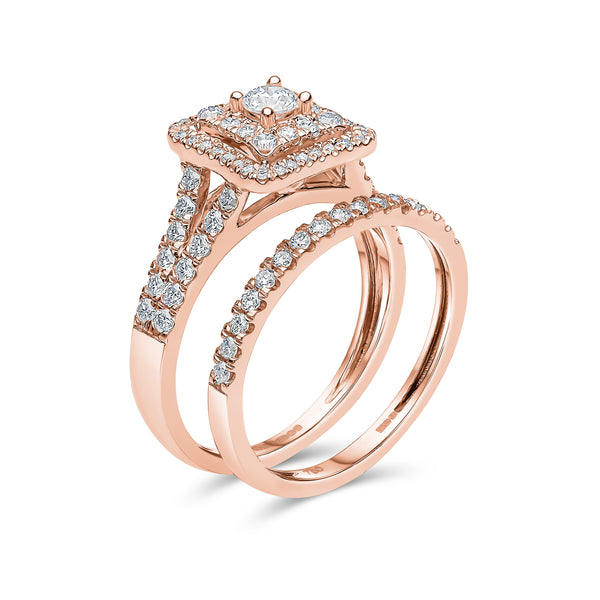 Round Brilliant Centre Double Halo Diamond Ring & Matching Wedding Band