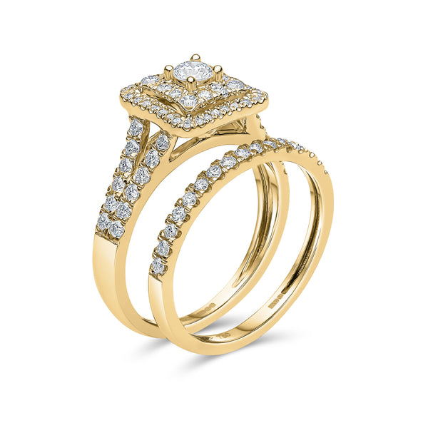 Round Brilliant Centre Double Halo Diamond Ring & Matching Wedding Band