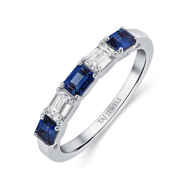 Wedding Band set in Baguette Cut Diamonds and Blue Sapphire