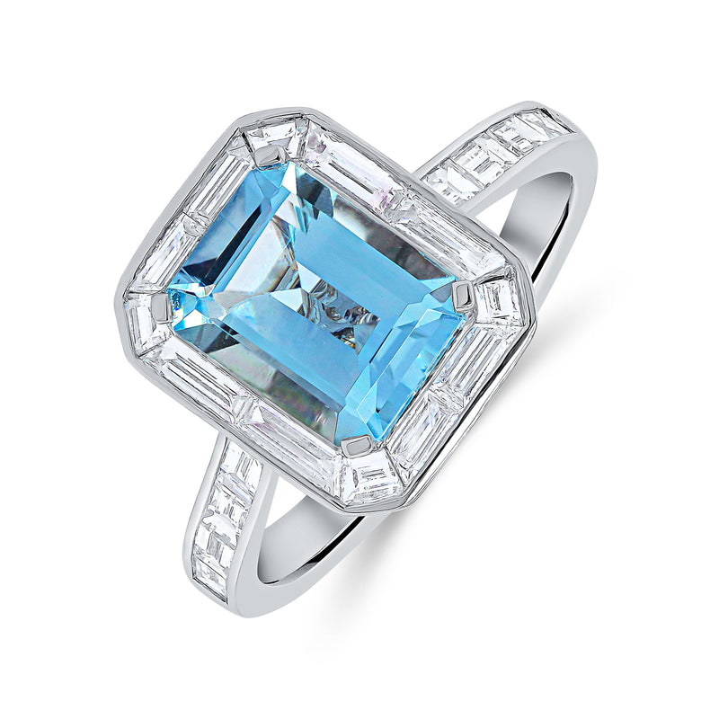 Aquamarine Emerald Cut Centre & Single Baguette Diamond Halo Ring