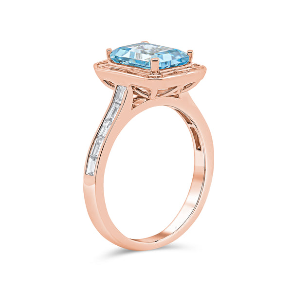 Aquamarine Emerald Cut Centre & Single Baguette Diamond Halo Ring