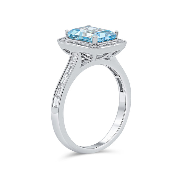 Aquamarine Emerald Cut Centre & Single Baguette Diamond Halo Ring