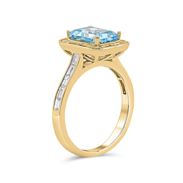 Aquamarine Emerald Cut Centre & Single Baguette Diamond Halo Ring