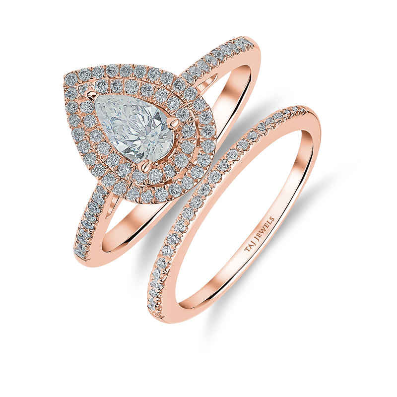 Pear Shape Double Halo Diamond Ring & Matching Band