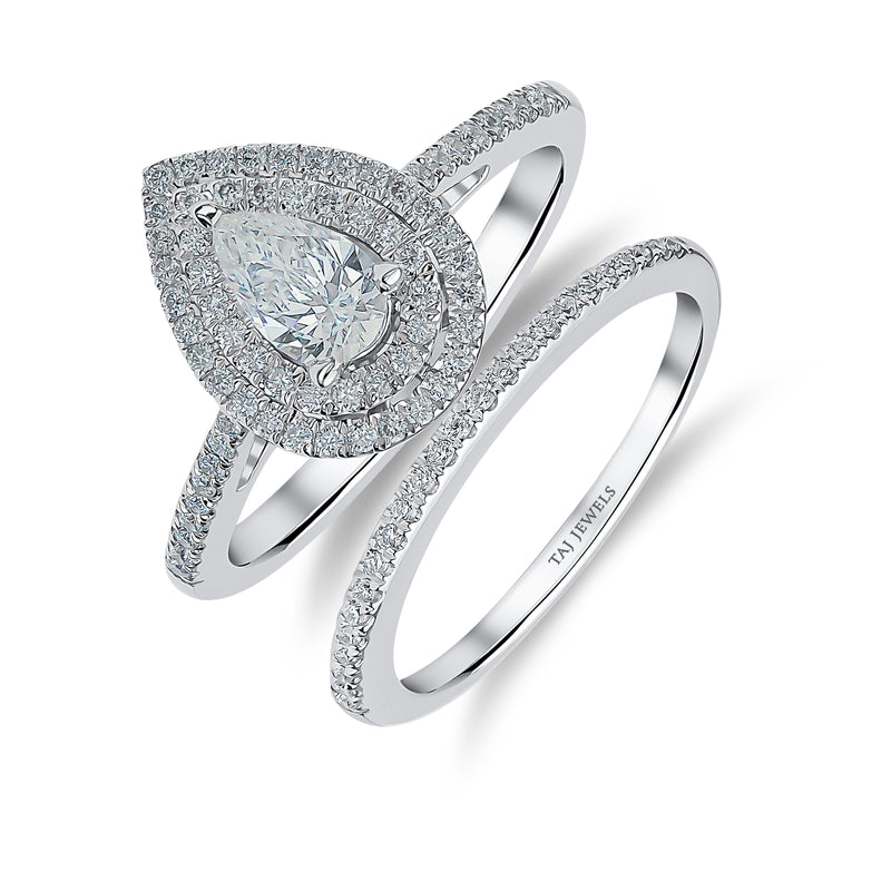 Pear Shape Double Halo Diamond Ring & Matching Band
