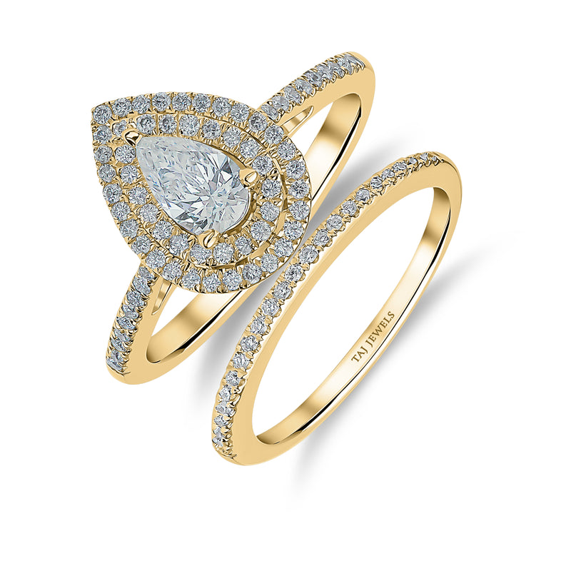 Pear Shape Double Halo Diamond Ring & Matching Band