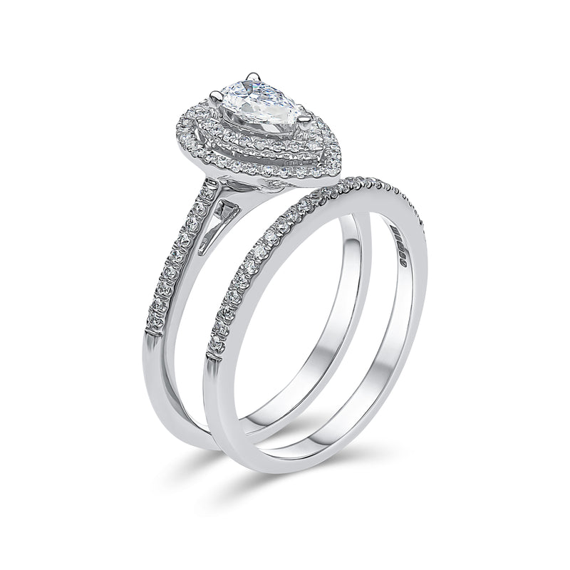 Pear Shape Double Halo Diamond Ring & Matching Band