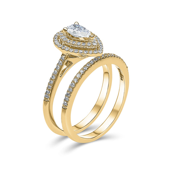Pear Shape Double Halo Diamond Ring & Matching Band