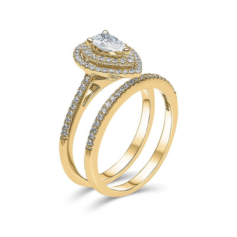 Pear Shape Double Halo Diamond Ring & Matching Band