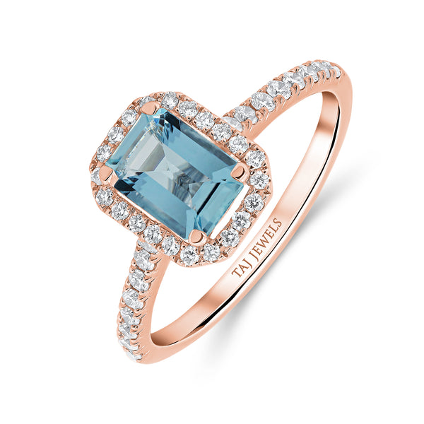 Aquamarine Emerald Cut Centre & Diamond Halo Ring