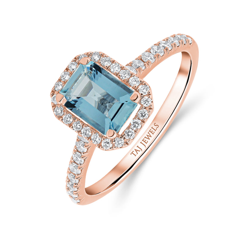 Aquamarine Emerald Cut Centre & Diamond Halo Ring