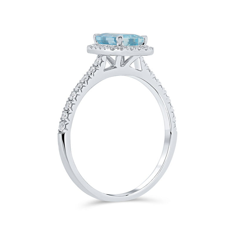 Aquamarine Emerald Cut Centre & Diamond Halo Ring