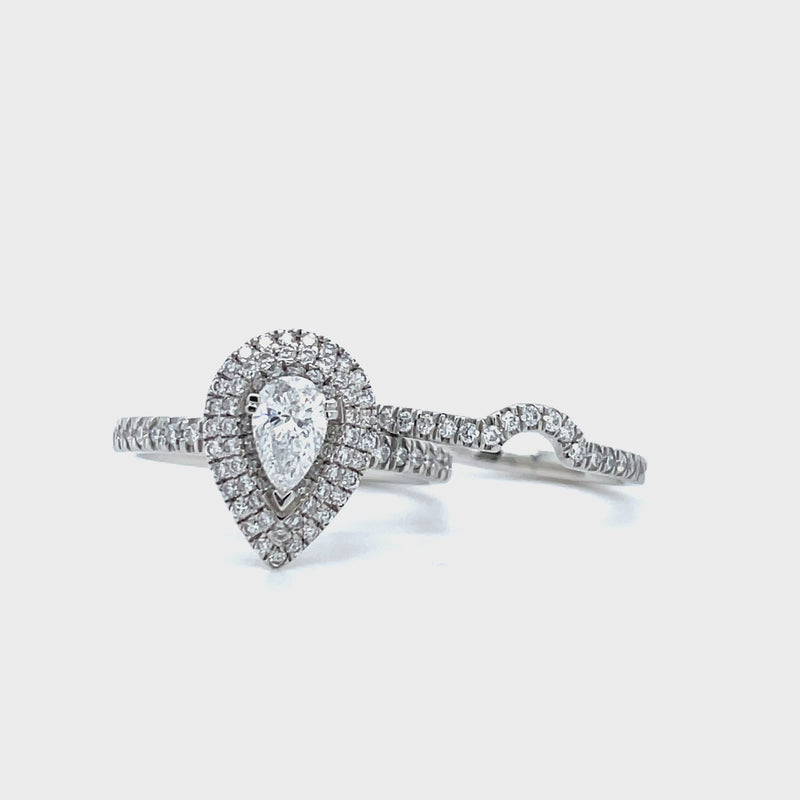 Pear Shape Single Halo Diamond Ring & Matching Band