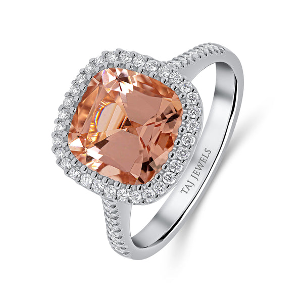 Morganite Cushion Cut Centre & Diamond Halo Ring