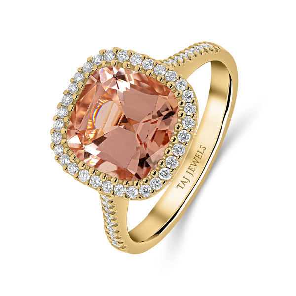 Morganite Cushion Cut Centre & Diamond Halo Ring