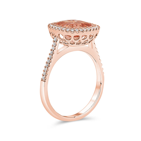 Morganite Cushion Cut Centre & Diamond Halo Ring