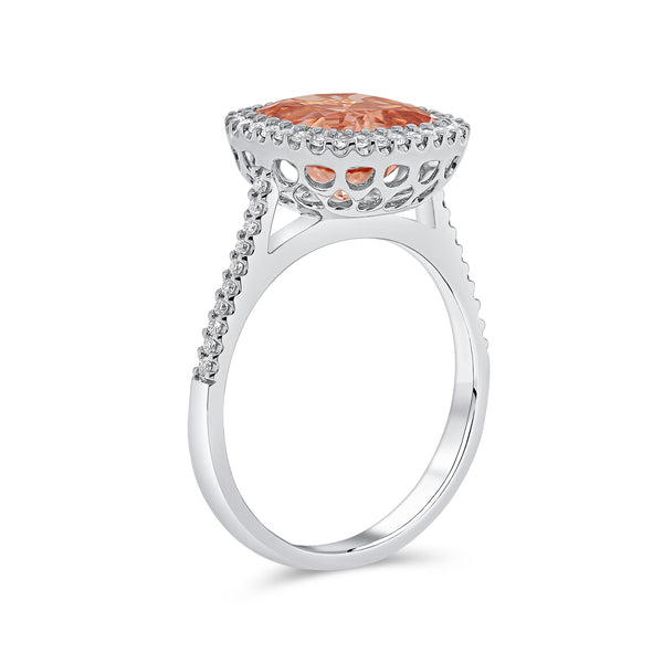 Morganite Cushion Cut Centre & Diamond Halo Ring