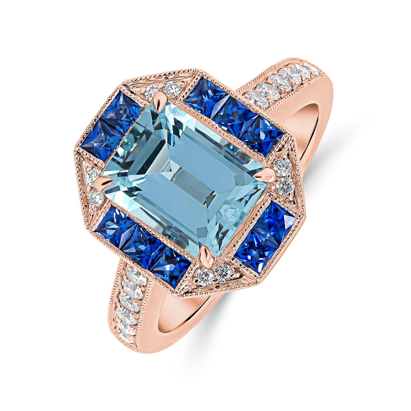 Aquamarine Emerald Cut Centre, Blue Sapphire & Diamond Halo Ring