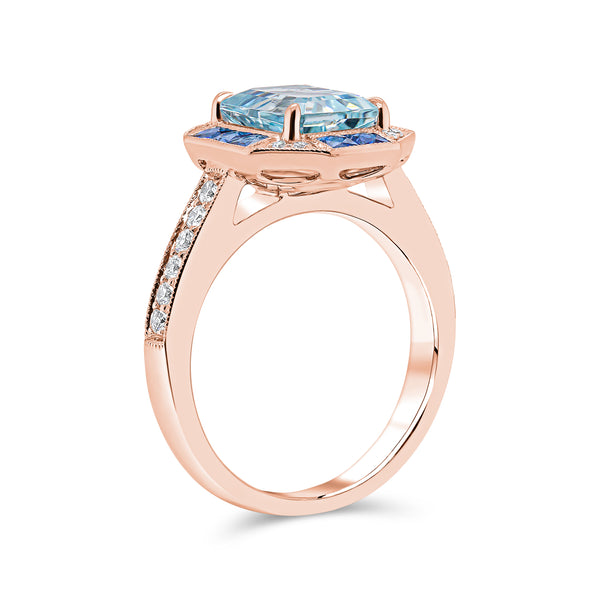 Aquamarine Emerald Cut Centre, Blue Sapphire & Diamond Halo Ring