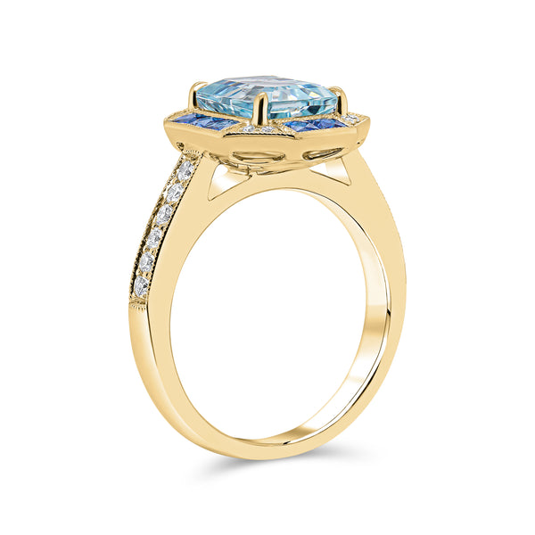 Aquamarine Emerald Cut Centre, Blue Sapphire & Diamond Halo Ring