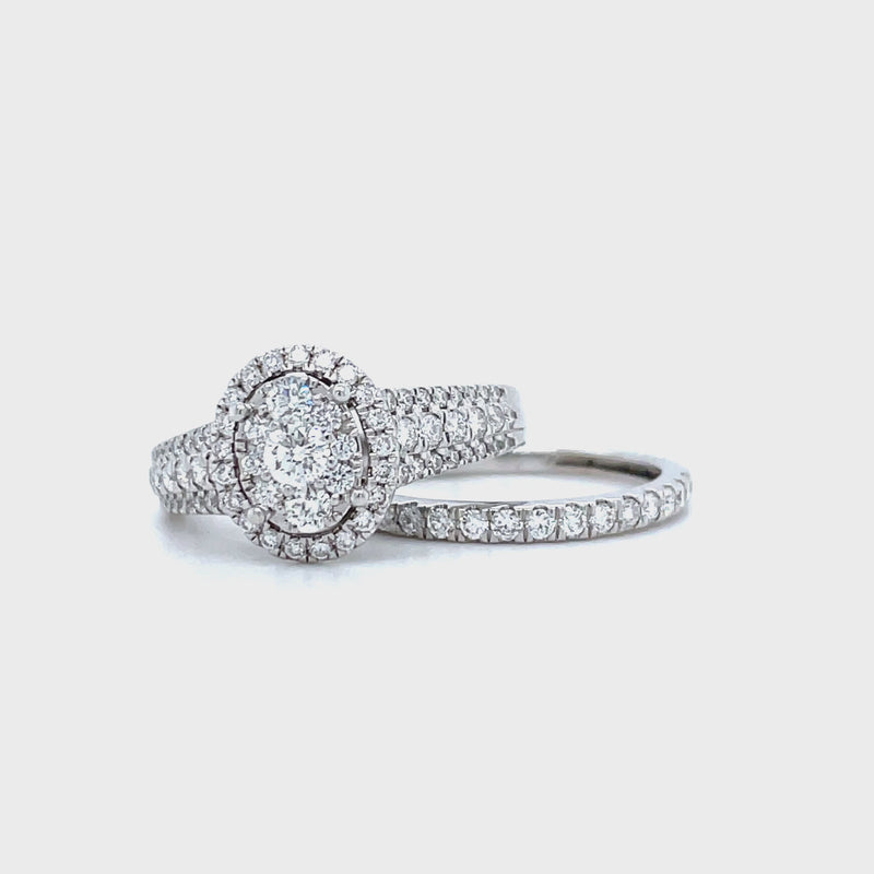 Oval Shape Single Halo Diamond Ring & Matching Band