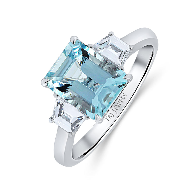 Aquamarine Emerald Cut Centre Trilogy Diamond Ring