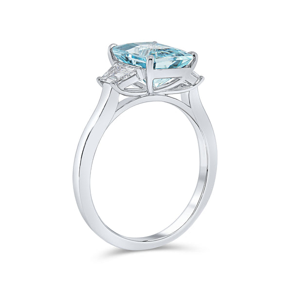 Aquamarine Emerald Cut Centre Trilogy Diamond Ring