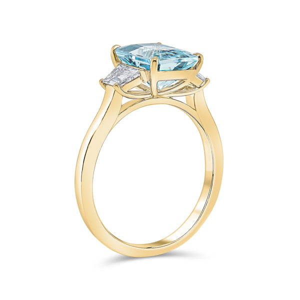 Aquamarine Emerald Cut Centre Trilogy Diamond Ring