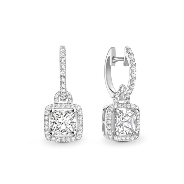 Lab Grown Princess Diamond Halo Drop Earrings