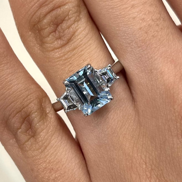 Aquamarine Emerald Cut Centre Trilogy Diamond Ring