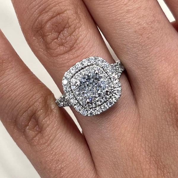 Cushion Cut Double Halo Split Shank Engagement Ring Lab Diamond -1CT+
