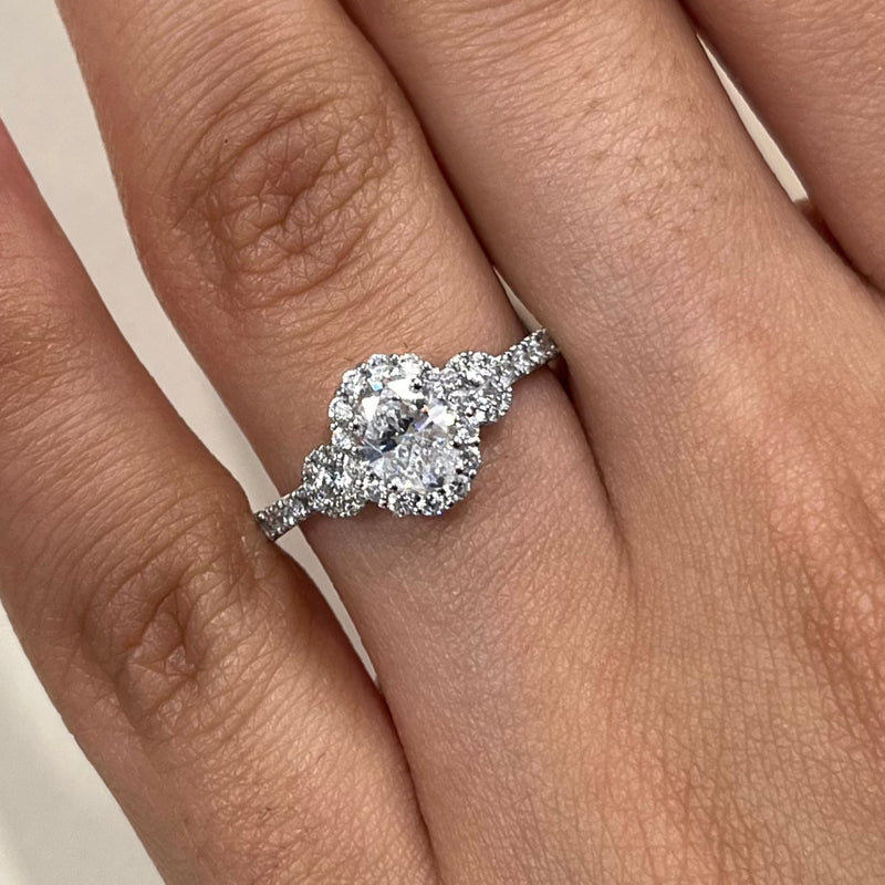 Oval Shape Single Halo Trilogy Diamond Ring