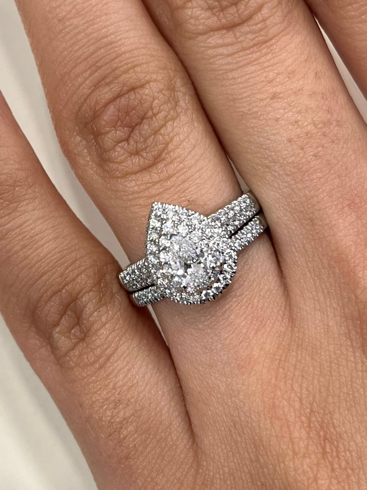Pear Shape Double Halo Diamond Ring Matching Band – Taj Jewels UK