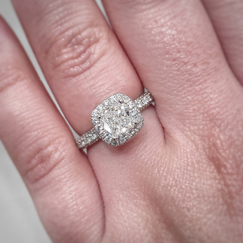 Lab Grown Cushion Diamond Pave Halo & Band Ring -1CT+