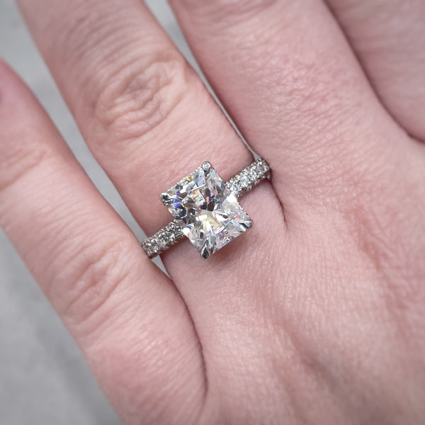 Moissanite Radiant Cut Pave Setting Hidden Halo Ring