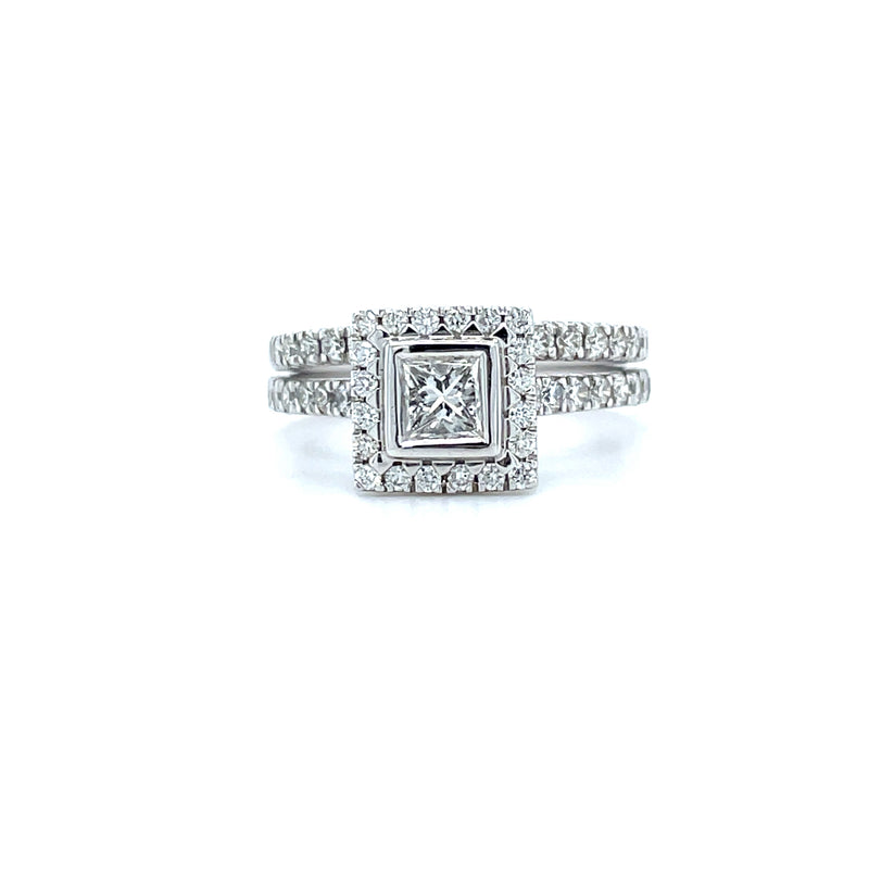 Princess Cut Single Halo Diamond Ring & Matching Band