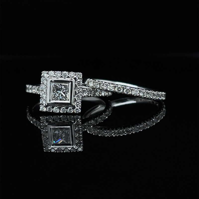 Princess Cut Single Halo Diamond Ring & Matching Band