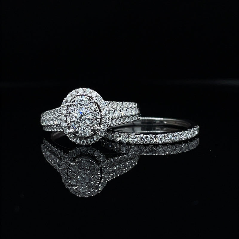 Oval Shape Single Halo Diamond Ring & Matching Band