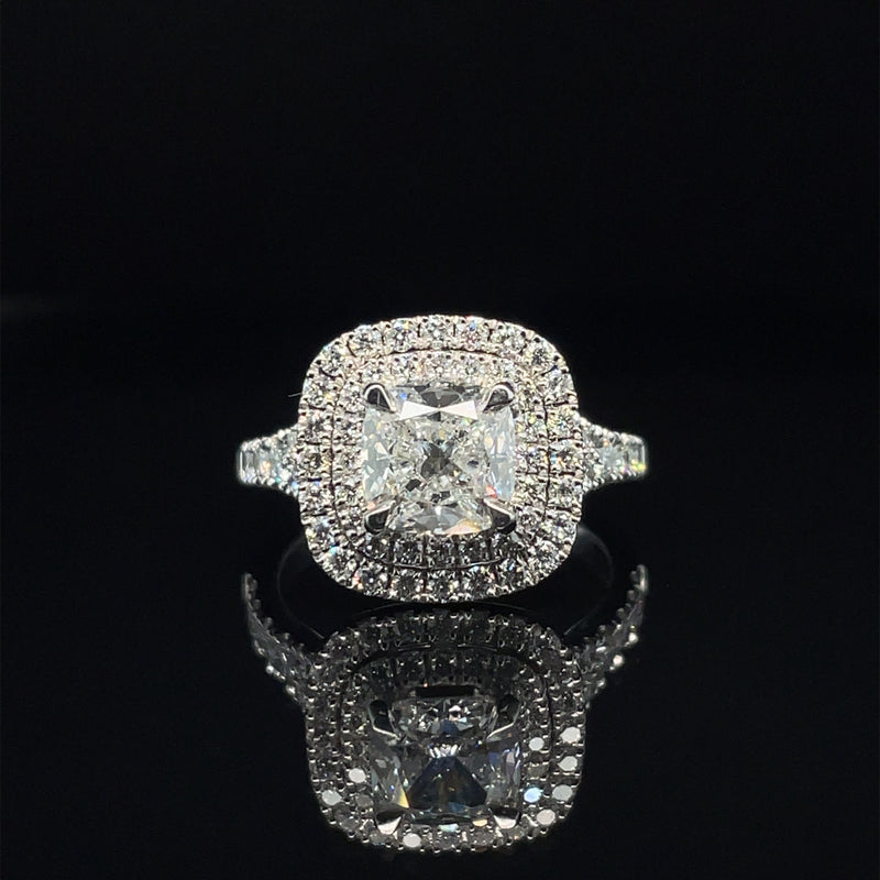 Cushion Cut Double Halo Split Shank Engagement Ring Lab Diamond -1CT+