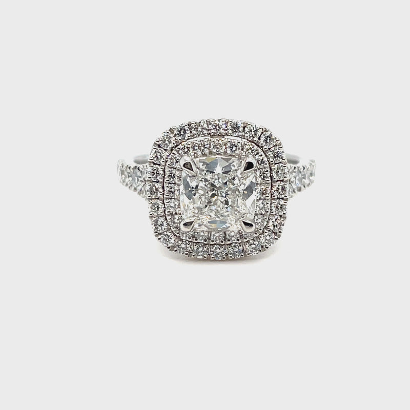 Cushion Cut Double Halo Split Shank Engagement Ring Lab Diamond -1CT+