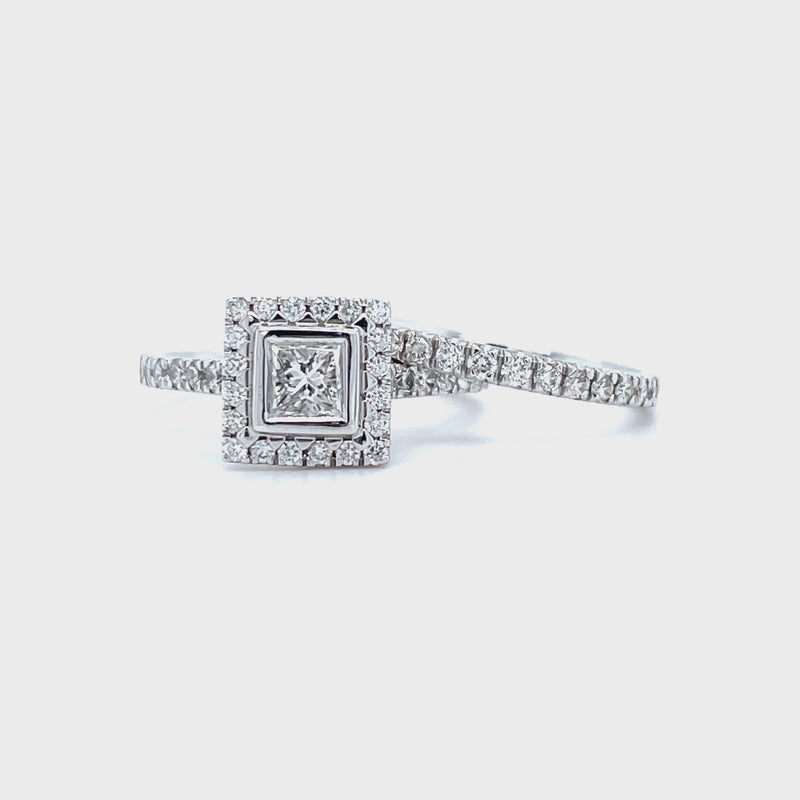 Princess Cut Single Halo Diamond Ring & Matching Band