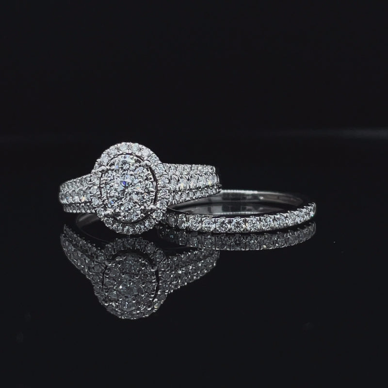Oval Shape Single Halo Diamond Ring & Matching Band