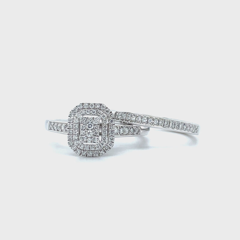 Radiant Shape Double Halo Diamond Ring and Matching Band